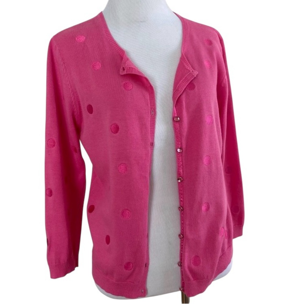 VINTAGE DEFINITE VIEW KNIT CARDIGAN SWEATER PINK 3/4 SLEEVE COTTON LARGE TWEE